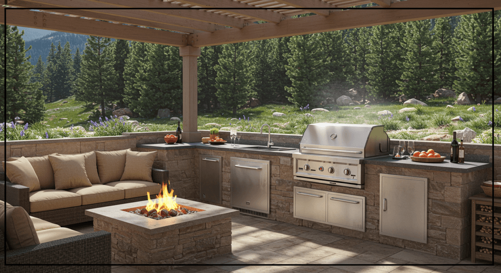 Covered outdoor kitchen with a built-in grill, stone counters, a fire pit table, and lounge seating framed by a Colorado pine forest