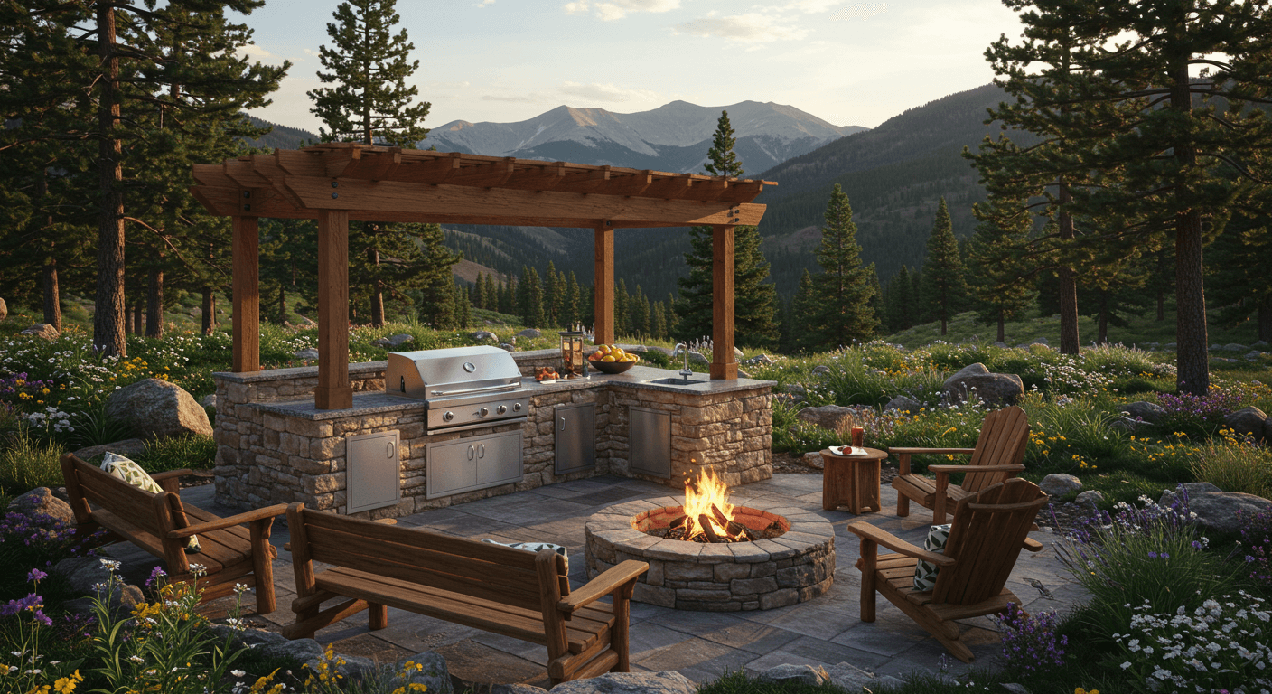 Outdoor kitchen and stone fire pit ringed by Adirondack chairs under a pergola, framed by Colorado mountains at sunset
