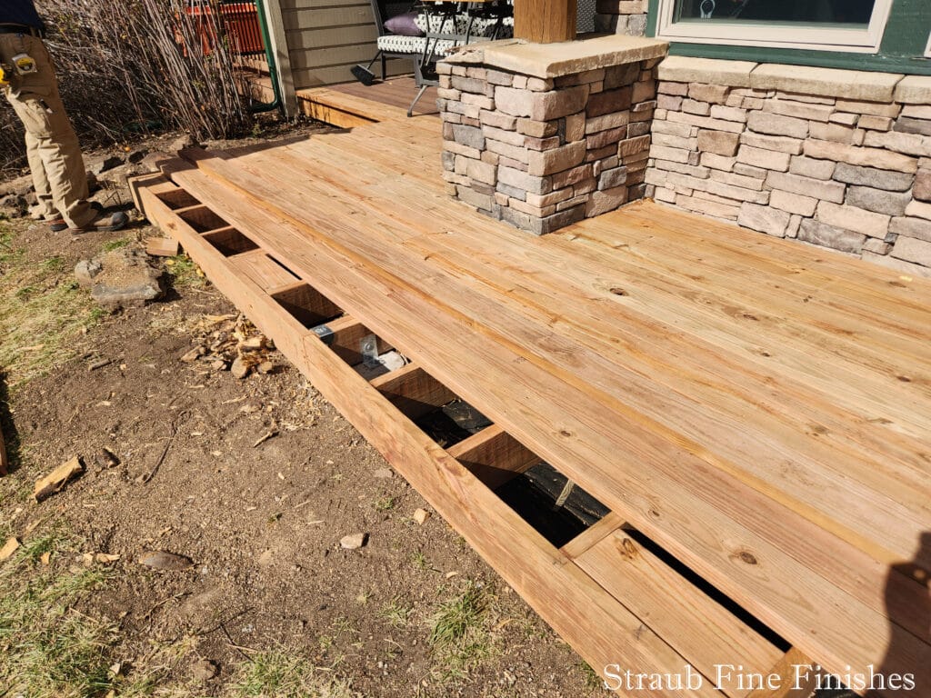 Almost done with deck board placement. Support boards added at post placement locations. 