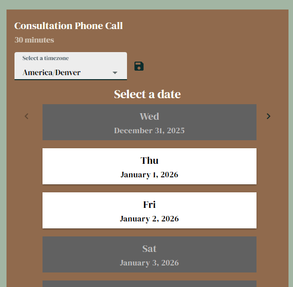 Straub Fine Finishes online booking calendar for a 30-minute consultation phone call