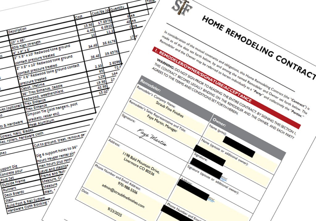 Sample Straub Fine Finishes home remodeling contract with an itemized materials cost sheet, showing fixed-price transparency