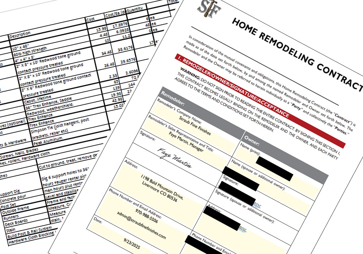 Sample Straub Fine Finishes home remodeling contract with an itemized materials cost sheet, showing fixed-price transparency