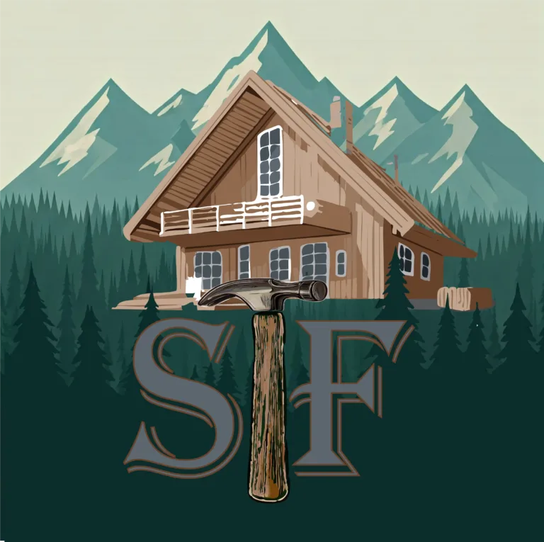 Straub Fine Finishes logo: an illustrated mountain cabin with pines, a hammer, and 'SF' monogram
