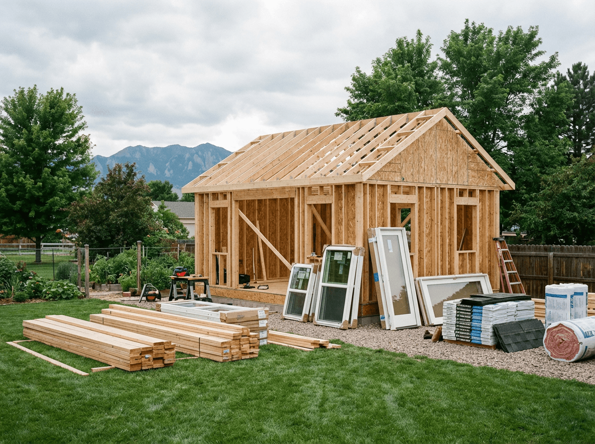 The Reality of 'Some Assembly Required Accessory dwelling unit being framed with staged windows, doors, and materials at a Colorado ADU project