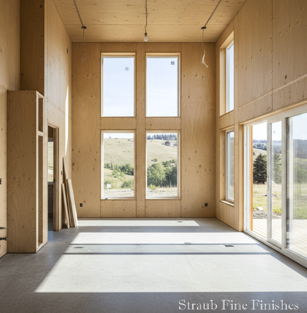 Straub Fine Finishes-9 Accessory dwelling unit interior under construction with framed tall windows and plywood walls, before finishing