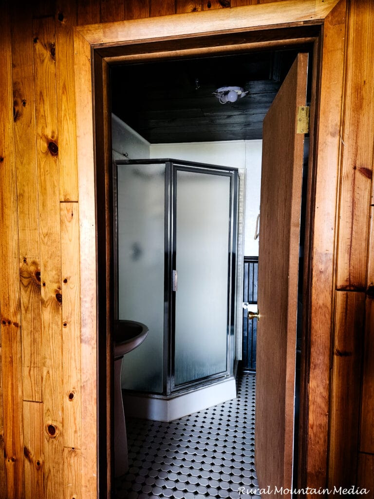 Cabin bathroom penny tile corner shower