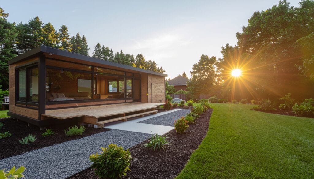 Modern accessory dwelling unit with floor-to-ceiling glass and a wood deck in a landscaped Colorado backyard