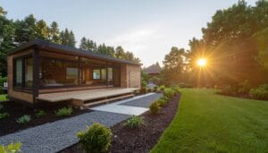 Modern accessory dwelling unit with floor-to-ceiling glass and a wood deck in a landscaped Colorado backyard