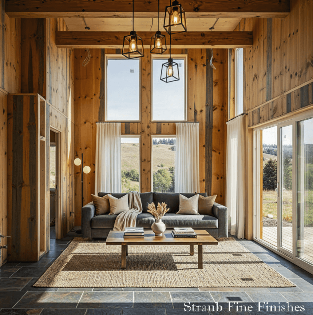 Straub Fine Finishes-8 Modern rustic living room with reclaimed-wood walls, cage pendant lights, and countryside views