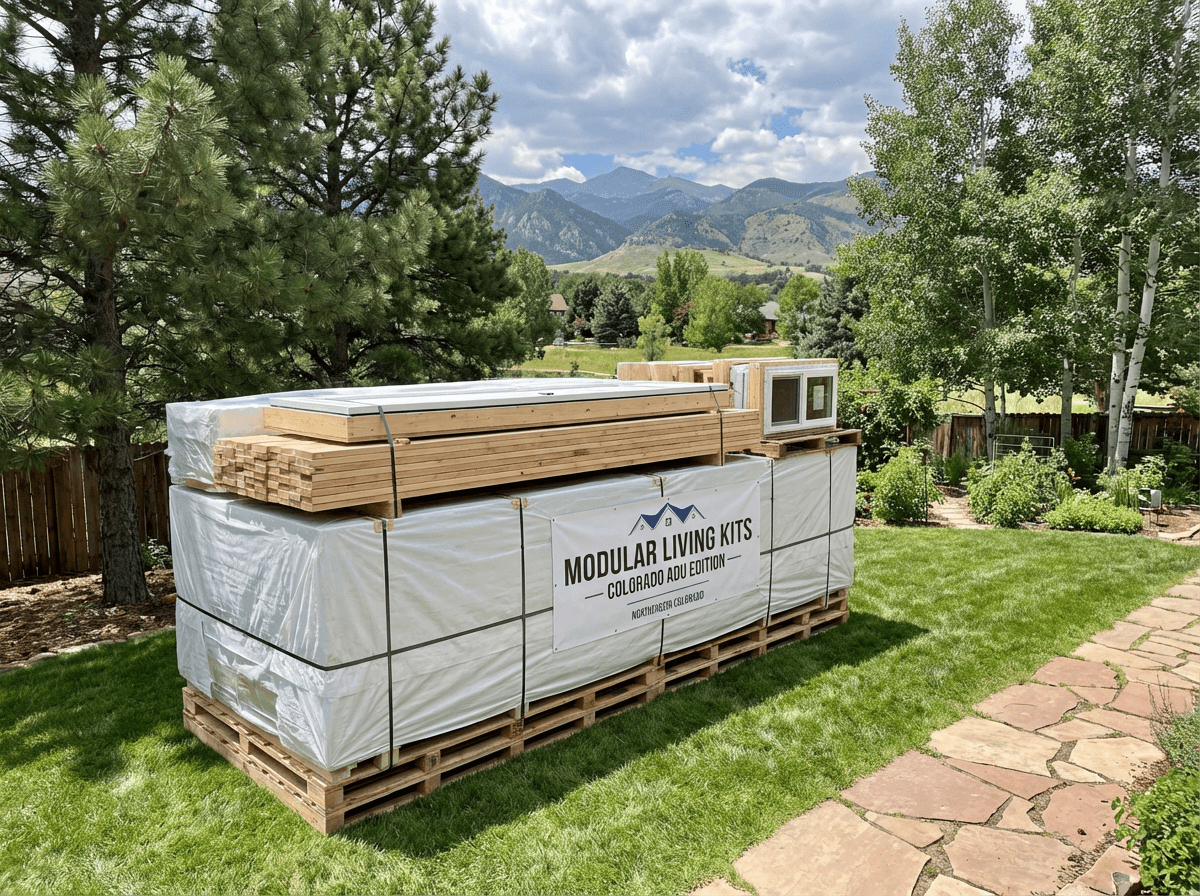 Delivered modular ADU building kit palletized in a Colorado backyard, ready for assembly