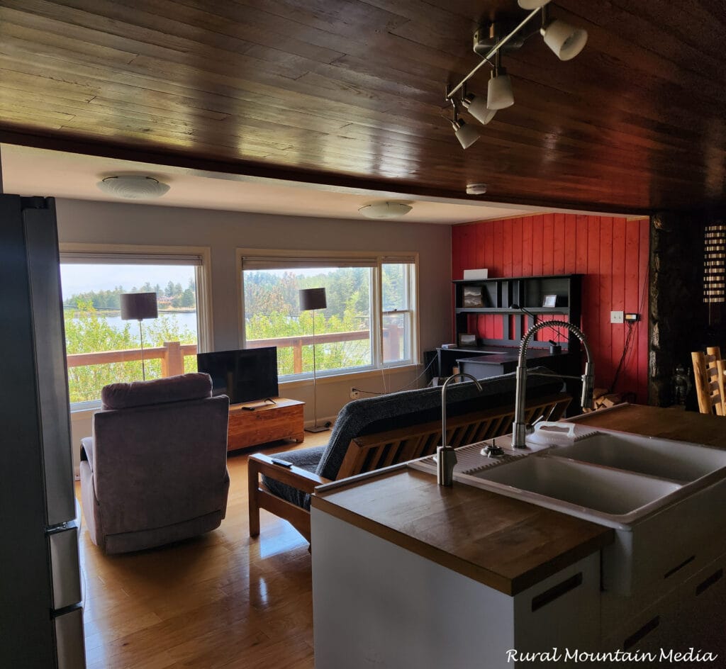 Open cabin kitchen living room lake view