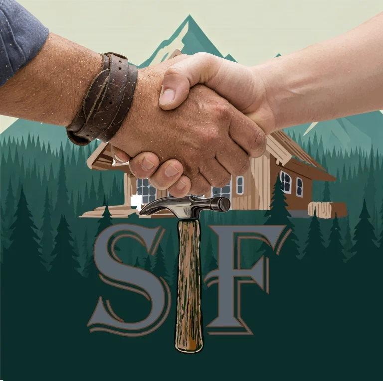 Straub Fine Finishes logo: a handshake over a mountain cabin and pine forest with a hammer and 'SF' monogram