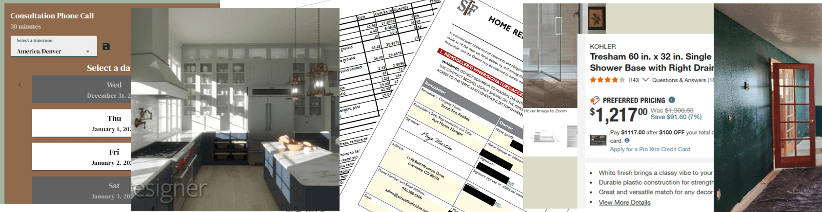 Straub Fine Finishes process collage: booking, 3D design, and a transparent fixed-price contract